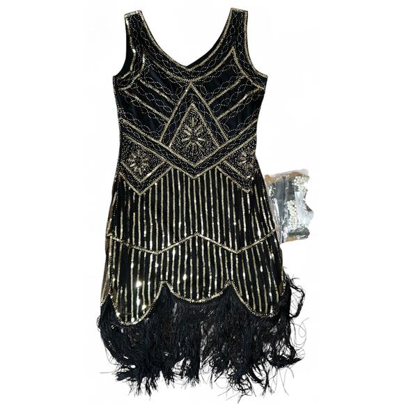 Womens L 1920s Flapper Fringed Sequin Dress 20s Accessories Set V Neck Gatsby - Picture 1 of 6